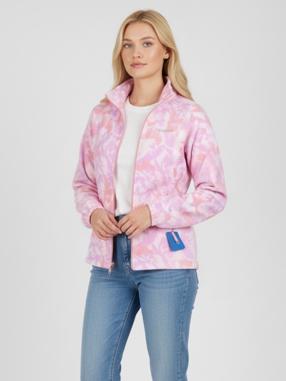Columbia Sawyer Rapids Women’s Large Printed Pink Full Zip Jacket Fleece Pockets